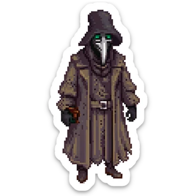 SCP-049 as a cursed emoji, unsettling, plague doctor mask, dark aura, creepy expression, horror vibe sticker