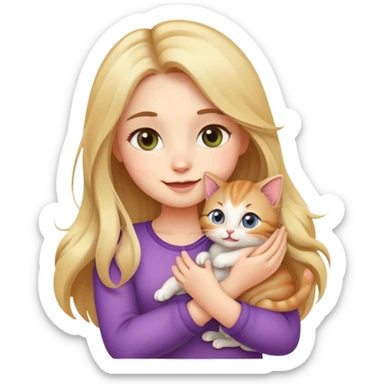 "Create a cute emoji of a beautiful girl holding a small kitten in her arms. The girl has soft features, long flowing hair, and a gentle smile. The kitten looks cozy and happy. The style should be colorful, charming, and expressive, with big sparkling eyes and a warm, loving vibe." sticker