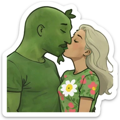 Girl with long blonde hair of a couple kissing give the guy brown and white mixed hair sticker