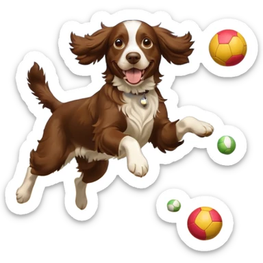brown English springer spaniel jumping for joy on a Northumberland beach with a bag of balls sticker