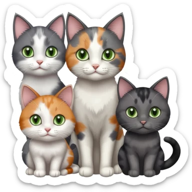 3 different coloured small cats including a dark grey and white, and a patchy calico and a completely solid dark grey with green eyes and only white paws sticker