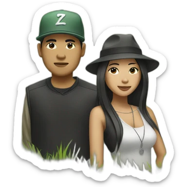 asian male rapper and a female songwriter in a huge grassland sticker