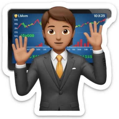 mach mir einen trader an der börse der tradet der so mit einer hand hinter sich deutet um anzug. Aber nur mit einer hand so leicht nach hinten oben und mit braunen haaren sticker