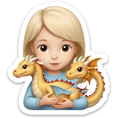 Little baby girl in beige holding a cute beige dragon sticker