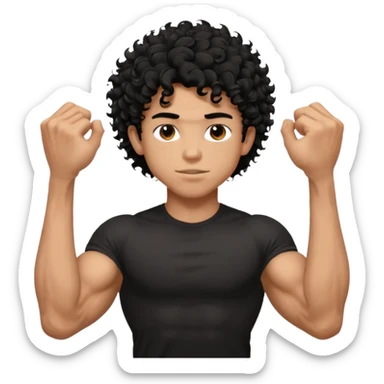 muscular teen boy with veiny hands arms and biceps. has messy black curly hair with dark-tan skintone with black tshirt sticker