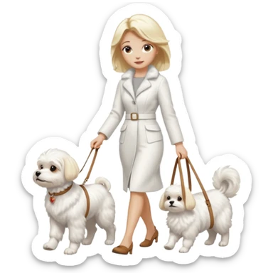 blonde woman wearing white, walking a maltese dog. sticker