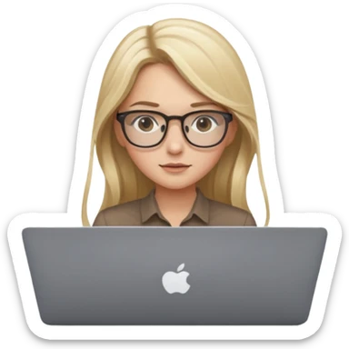 Girl in glasses, blonde long hair, with MacBook , brown blouse, typing on gray MacBook sticker