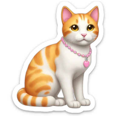 full body white orange cat cute with a small black eyes and a paw pink necklace sticker