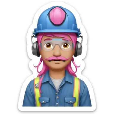 construction worker with long pink hair and protective headphones and mustache sticker
