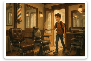 Sartaroshxonaga kirib kelayotgan! O'smirin bola sartaroshxona yangi ham eski ham e,as sticker