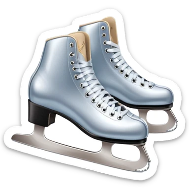 An icon showing elegant figure skates in close-up on a glossy ice surface, with a graceful skater performing in the background. The scene is set inside a grand indoor ice arena with spotlights, decorative banners, and a cheering audience. Transparent background. sticker