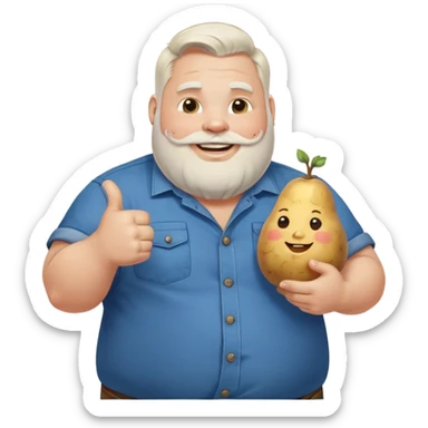 fat guy with white side part and white beard and key tattoo on his arm smiling with blue button up shirt holding a potato with thumbs up sticker