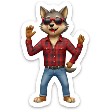 friendly anthropomorphised wolf in jeans and plaid shirt, wearing dark sunglasses, howling, upright pose sticker