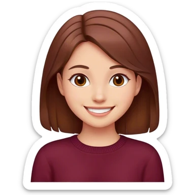 A girl with brown hair smiles, wearing a burgundy sweater sticker