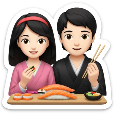 czarnowłosa ksieżniczka w dlugich wlosach je sushi z chłopakiem o czarno brązowych włosach i są zadowoleni i są nastolatkami i te włosy są lekko krecone i chłopak ma włosy do wysokosi nad brwiami sticker