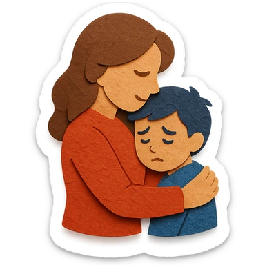 mother hugging sad child, layered paper look, tender moment sticker