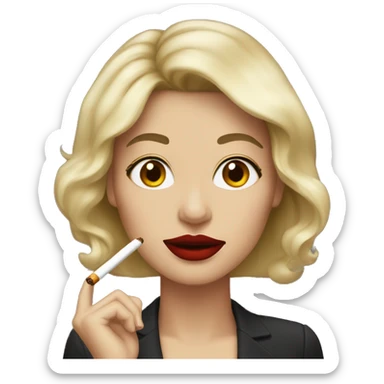 A woman with dark brown hair and blond highlights, red lipstick and an sigaret sticker