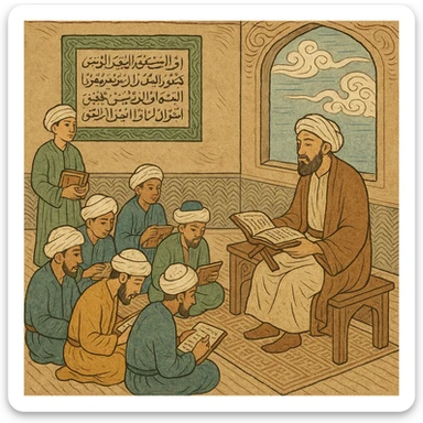 detailed and artistic representation of an Islamic school with calligraphy elements, traditional ukiyo-e style sticker