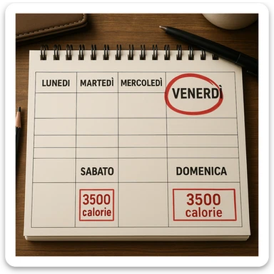 Hyperrealistic top-down view of a weekly calendar in Italian, showing days from Monday to Sunday. Friday is circled in red. Below both Saturday and Sunday, the text '3500 calorie' is highlighted in a red box. The scene has 4K details and a desk atmosphere. sticker
