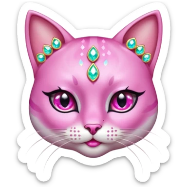 glamorous cat portrait, head and shoulders only, exaggerated pink makeup, bright eyeshadow, long eyelashes, shiny blush cheeks, sparkling face gems, glitter accents, elegant earrings, fantasy beauty style, cute 3D cartoon, mobile game icon style, clean background, no text, no watermark
 sticker