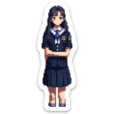 slender schoolgirl in navy uniform in classroom at sunset with dramatic shadows, one desk pulled out, gazing at window, feeling of longing sticker