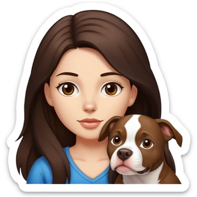girl with dark brown long hair with her pitbull dog brown and white sticker