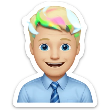 A guy with blonde hair and blue eyes that looks masculine. make him wear a shirt with a tie. he is danish. He is laughing extremely hard sticker