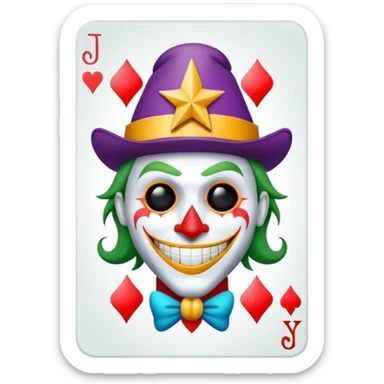 1 poker card, perfectly squared card, with crazy colorful human jolly joker inside, star symbol with a "J" sticker