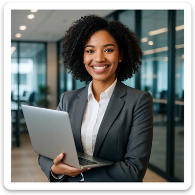 A mixed race young woman in a blazer, holding a laptop, smiling confidently, representing a successful corporate leader. sticker