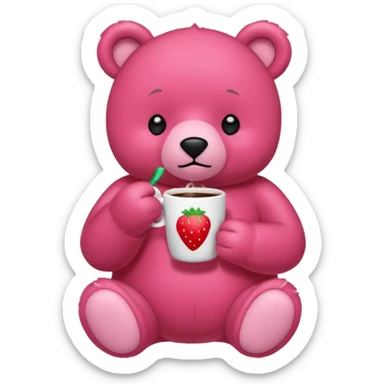 A pink bear is holding a strawberry and drinking coffee with a transparent background in a teenager hand-drawn, 2D, japanese charectors like, style sticker