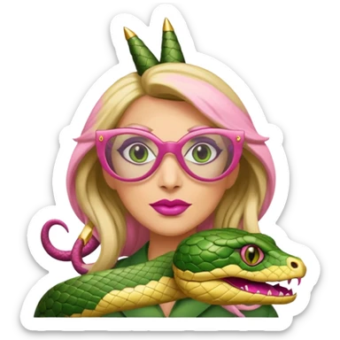 please create a snake with a bitchy evil face wearing a dark blonde wig and pink pointy nails and squared frame golden glasses sticker
