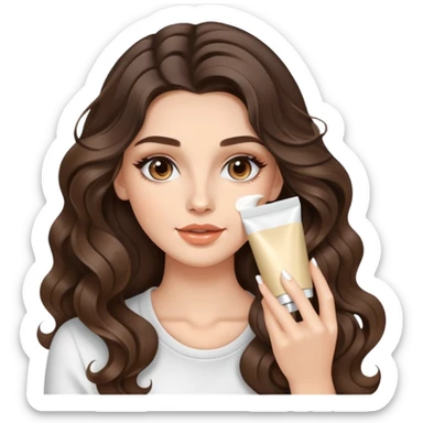 beautiful brunette with a light balayage white girl with nice curls/defined waves, very long hair, clean girl makeup APPLYING A FACE CREAM ON HER FACE sticker