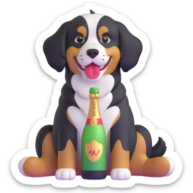 bernese mountain dog with a toy champagne bottle in its mouth, sitting sticker