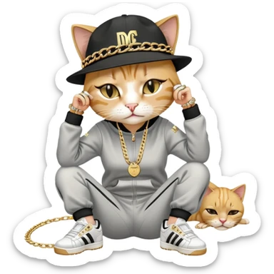 female cat lying horizontally on the ground, crying, dressed like Run DMC with tracksuit, fedora, Adidas shoes, lots of gold chains, rings, bracelets, earrings, no sunglasses sticker