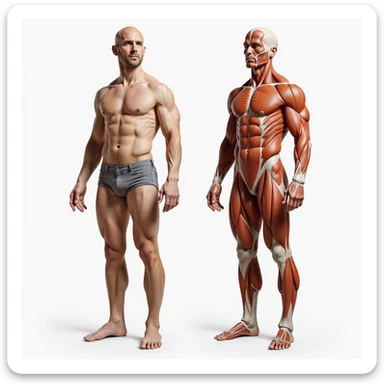 realistic male body in 9:16, standing front view, left half with visible fat accumulation and anatomical overlay of adipose tissue, right half lean with well-defined muscles and muscular anatomical overlay sticker
