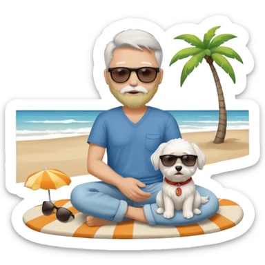 white man grey hair beard holding a white Maltese sitting on a beach full body sticker
