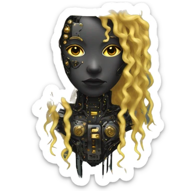 black metal female cyborg head with circuitry and yellow gold curly hair sticker
