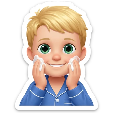 Use the same 3 year old blonde boy with green-blueish eyes as before  happy with blue pajamas washing his face in the restroom sticker