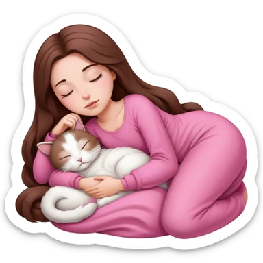 A pretty white girl with very long brown hair and pink clothing sleeping curled up to a white cat  sticker
