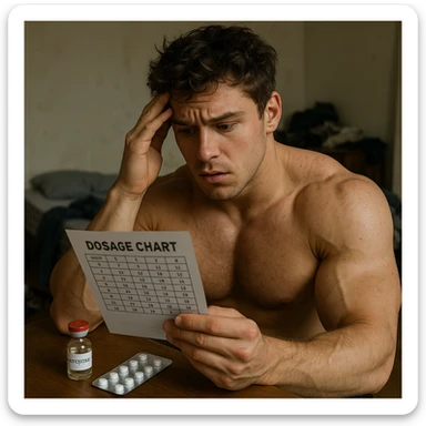 realistic young athlete with swollen muscles but marked skin consulting dosage chart, vial of testosterone and blister of aromatase inhibitor on table, worried expression, messy room background, 4K quality sticker