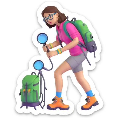 Happy energetic woman in her late 30s with glasses wearing colorful sporty outfit, hiking boots, and backpack, examining with a magnifying glass sticker
