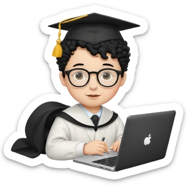 A baby boy DEVELOPER WITH A laptop, black curly hair and topknot, wearing glasses and a mortarboard sticker