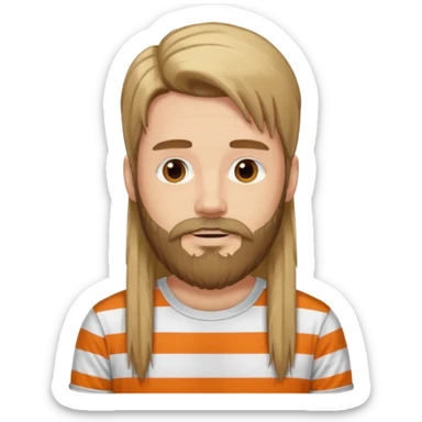 He has long hair and a beard but no moustache and wears a vertically striped t-shirt. sticker
