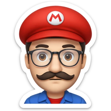 person with glasses, short dark hair, mustache and beard, dressed as Mario, holding a red cap sticker
