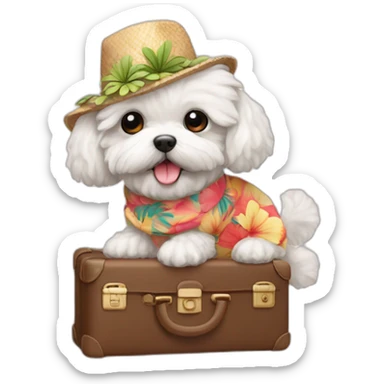 white maltipoo with luggage and Hawaiian hat sticker
