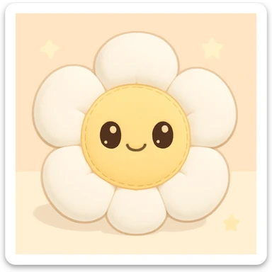 Make the kawaii plush flower with white petals and a yellow center, chubby petals, embroidered details, happy face. sticker