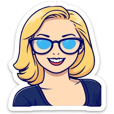 smiling blonde pinup, blue eyes, black glasses sticker