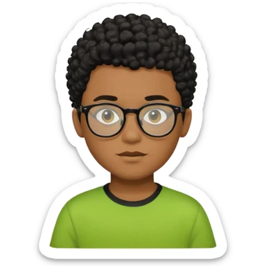 Menino pardo com cabelo curto cacheado preto raspado dos lados, de óculos preto e blusa verde e amarela sticker