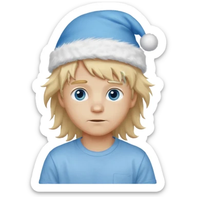 create boy blonde hair long messy, light eyes, white t shirt, rich, long hair, eyes blue, acessory head cristimas blue hat, long hair, fluffy hair sticker