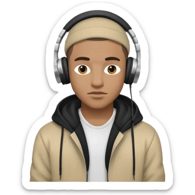 portrait of a confident man inspired by the reference image, music-forward, jaded but in a good way, wearing urban streetwear, with headphones or music accessory sticker